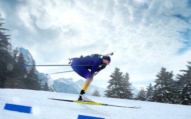 Biathlon. Skier biathlon champion. Winter Olympic sports.