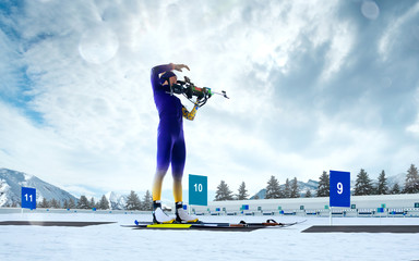 Biathlon. Skier biathlon champion. Winter Olympic sports.