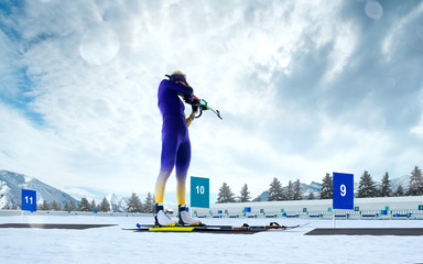 Biathlon. Skier biathlon champion. Winter Olympic sports.