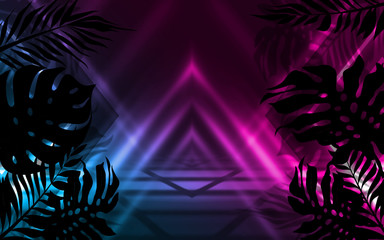 Fototapeta na wymiar Background of empty dark scenes with neon lights and shapes, smoke. Silhouettes of tropical palm leaves in the foreground. Bright futuristic abstract background