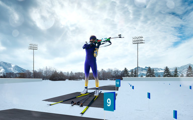 Biathlon. Skier biathlon champion. Winter Olympic sports.
