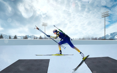 Biathlon. Skier biathlon champion. Winter Olympic sports. - obrazy, fototapety, plakaty