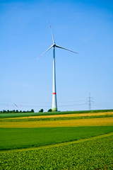 A wind turbine on a field in Bavaria, Germany