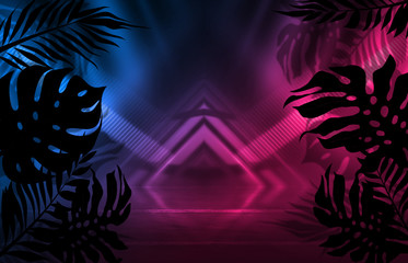 Background of empty dark scenes with neon lights and shapes, smoke. Silhouettes of tropical palm leaves in the foreground. Bright futuristic abstract background