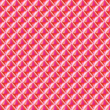 Bright pink little crystals, bright diamonds seamless pattern design. Pink bright colorful vector image, transparent realistic shapes on white background, reflections in vector glass, paper card.