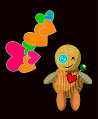 Voodoo doll isolated image, concept of little creature on black background. Magic moncter happy in love. Emotion contradiction illustration. Cartoon baby toy with little heart pierced with a green pin