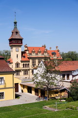 Architectural detail on Napajedla town hall exterior built in 1903 near Zlin, Moravia, Czech Republic, sunny summer day