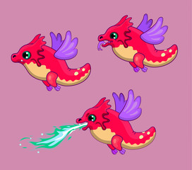 Set of bright pink baby dargons with different kind of emotions: smiling, angry, joy. Open mouth, breathing the green flame, flying creatures concepts. Fairytale little monsters idea, butterfly wings 