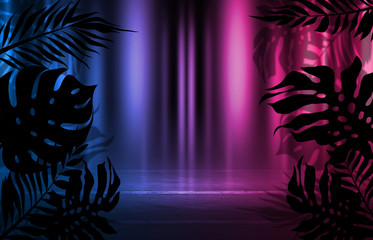 Background of empty dark scenes with neon lights and shapes, smoke. Silhouettes of tropical palm leaves in the foreground. Bright futuristic abstract background