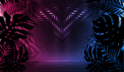 Background of empty dark scenes with neon lights and shapes, smoke. Silhouettes of tropical palm leaves in the foreground. Bright futuristic abstract background