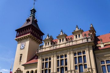 Architectural detail on Napajedla town hall exterior built in 1903 near Zlin, Moravia, Czech Republic, sunny summer day