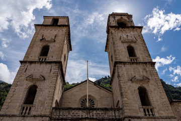 Fototapeta na wymiar Twin towers of St Tryphon church in old town Kotor in Montenegro