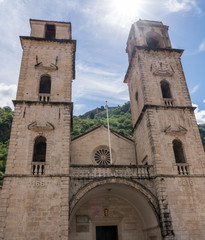Twin towers of St Tryphon church in old town Kotor in Montenegro