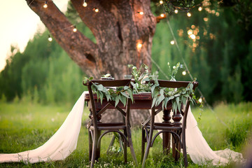 Wedding rustic table for two in the field at the pine tree with yellow light bulbs decoration.