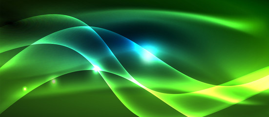 Glowing abstract wave on dark, shiny motion, magic space light. Techno abstract background