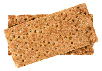Isolated crispbread. Healthy bread isolated on white background with clipping path. Top view. 