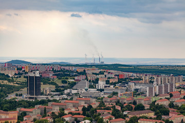 View of the city Most from hill Hnevin  in northern Bohemia, Czech republic