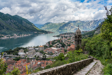 Fototapeta na wymiar Steep pathway by Church of our Lady of Remedy above old town Kotor in Montenegro
