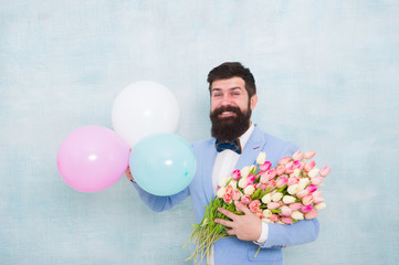 Hurry to be happy. bride groom at wedding party. bearded man in bow tie with tulip flowers. spring...