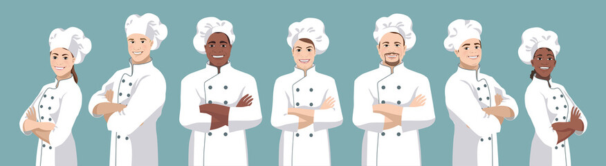 Zestaw szefów kuchni. Uśmiechnięci Europejczycy i Amerykanie, uśmiechnięci mężczyźni i kobiety, stoją na wpół obróceni i stoją przed kamerą, mają skrzyżowane ramiona, noszą mundur szefa kuchni i kapelusz. Ilustracji wektorowych - 273533205