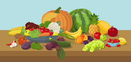 Variety of vegetables and fruits lie on the table. Vegetarian products and meals. Proper nutrition. Healthy food. Vector illustration.