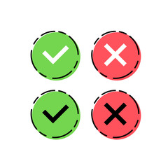 Green check mark and red cross icon set. Circle and square. Tick symbol in green color, vector illustration.