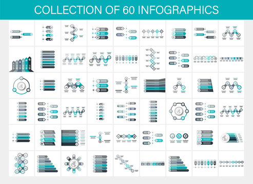 Collection of 60 infographic. Business Infographic. Diagrams, steps, options, marketing. Vector illustration.