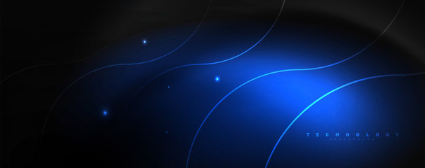 Dark abstract background with bright color neon lights and lines. Glowing background