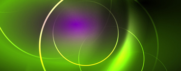 Shiny neon lights, dark abstract background with blurred magic neon light curved lines