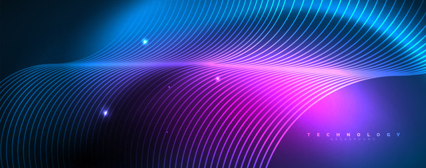 Trendy neon blue abstract design with waves and circles. Neon light glowing effect. Abstract digital background.