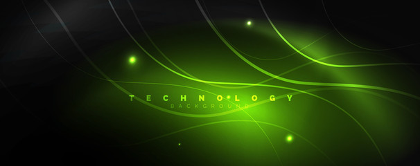 Dark abstract background with bright color neon lights and lines. Glowing background