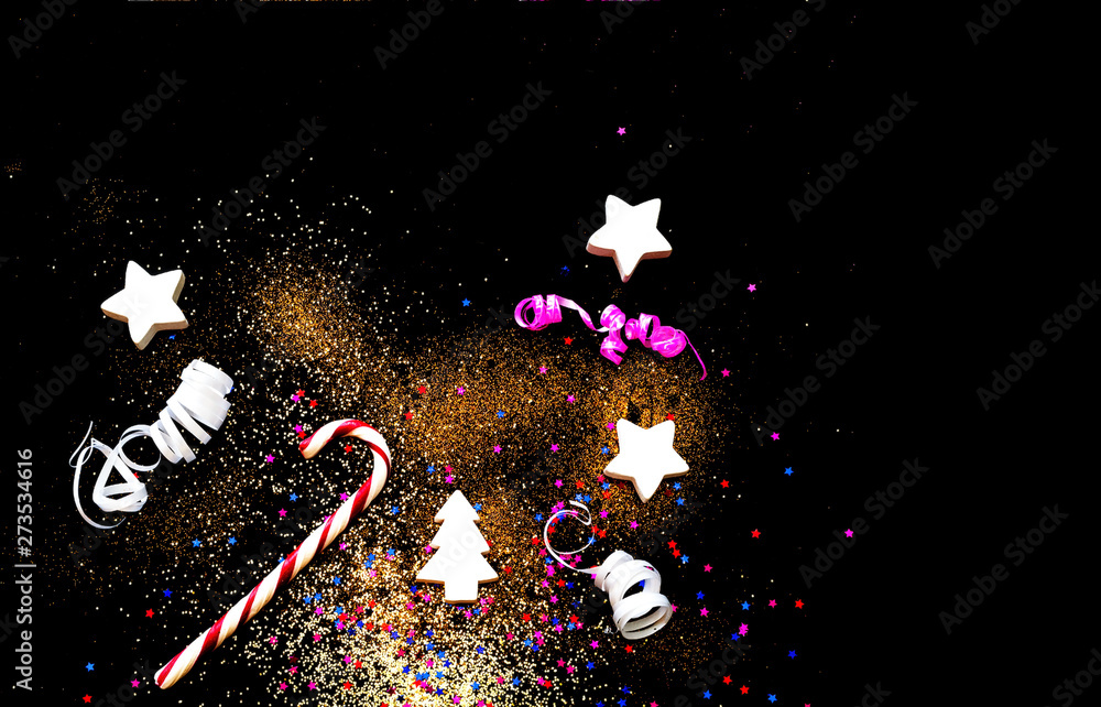 Poster christmas background with confetti and golden sparkles. blurred effect. concept for festive backgrou