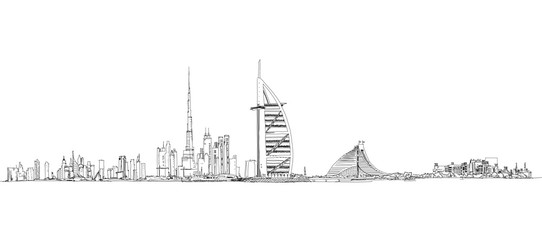 Illustration of the Dubai skyline: Al Arab hotel, Burj Khalifa and Jumeirah beach hotel buildings. 