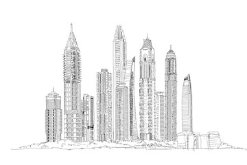 Dubai. Skyscrapers of the Dubai Marina.  Sketch collection illustration