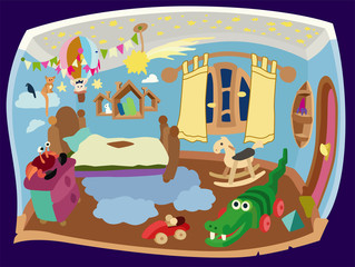 Kids room toys childhood play room badroom illustration drawing black white animal