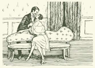 Lovers sofa room retro art nouveau lady and gentleman tenderness feelings
