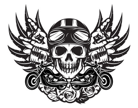 Vector monochrome illustration on the combined theme of rock music and motorcycle