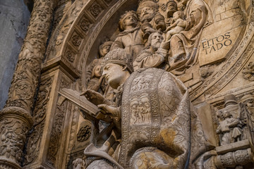 Avila, Spain - April 17, 2019. Interior of the Cathedral of Avila during the celebration of Holy Week in Spain. Biblical scenes in relief