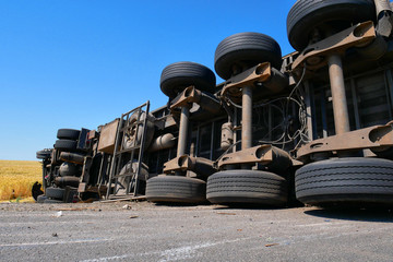 Accident truck on the road. Trailer crash on road.