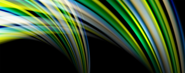 Fluid color rainbow style wave abstract background, techno modern design on black