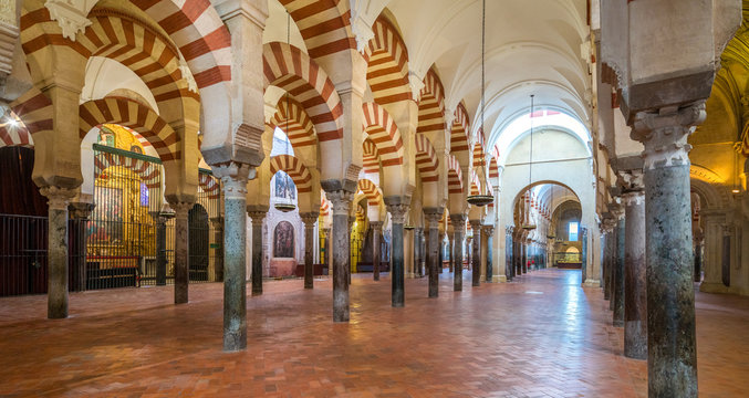 Scenic indoor sight in the Mosque–Cathedral of Cordoba. Andalusia, Spain. 