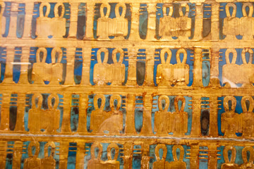 Close-up of outer golden shrine of famous Egyptian pharaoh Tutankhamun's burial chamber