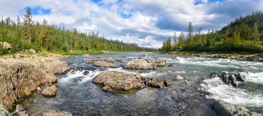 Panorama of the taiga river in the polar Urals.