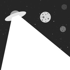 Black and white flat UFO and planets in cosmos