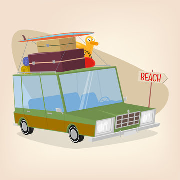 funny illustration of a vacation cartoon car