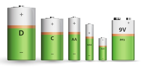 Green and white realistic alkaline battery set, diffrent types isolated on white background. Vector illustration