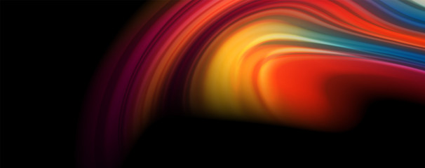 Abstract wave lines fluid rainbow style color stripes on black background. Artistic illustration for presentation, app wallpaper, banner or poster