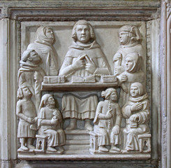 docente e discepoli; formella del sarcofago di Martino Aliprandi; chiesa di San Marco a Milano
