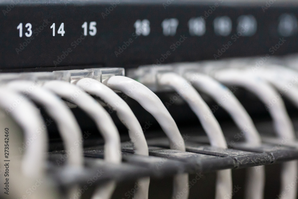 Aufkleber patch panel with ethernet wires.