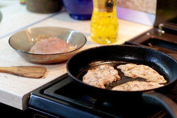 raw chicken meat on pan at kitchen. chicken chops. selective focus. cooking chops.